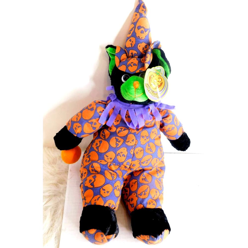 Vintage Kellytoy Halloween Black Cat Plush Witch Hat Pumpkin Suit